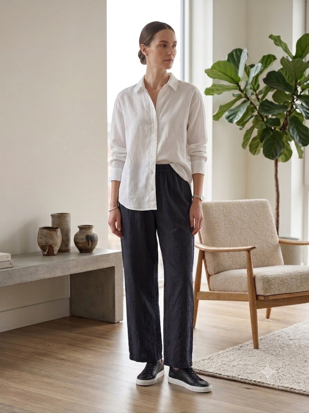 Eileen Fisher Washed Black / Grey Subtle Plaid Linen Wide Leg Pants - Medium